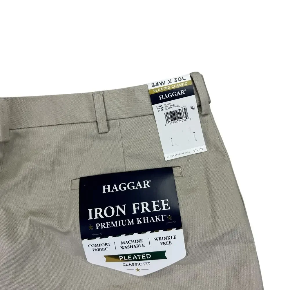 Haggar Mens Premium Iron Free Classic Fit Pleated Dress Pants Sand Beige 34x30